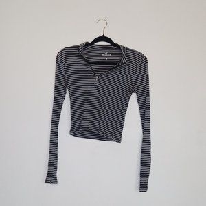 Hollister fitted quarter zip black and white stripped shirt